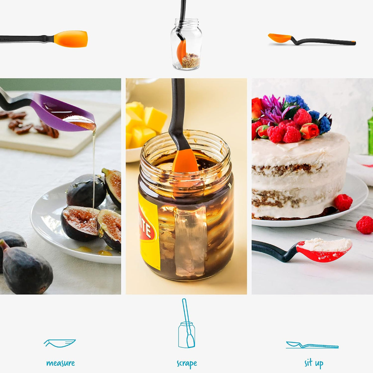 Mini Supoon Non-Stick Sit-Up Silicone Scraping Cooking Spoon, Jar Scraper Measures 5ml Tsp - 8" Purple