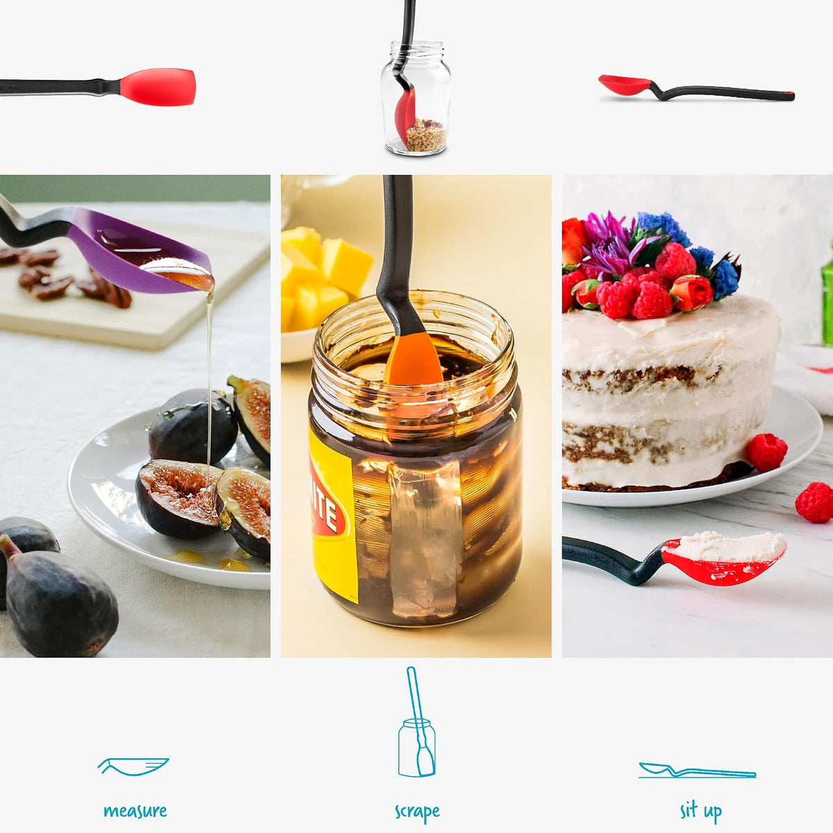 Mini Supoon Non-Stick Sit-Up Silicone Scraping Cooking Spoon, Jar Scraper Measures 5ml Tsp - 8" Purple