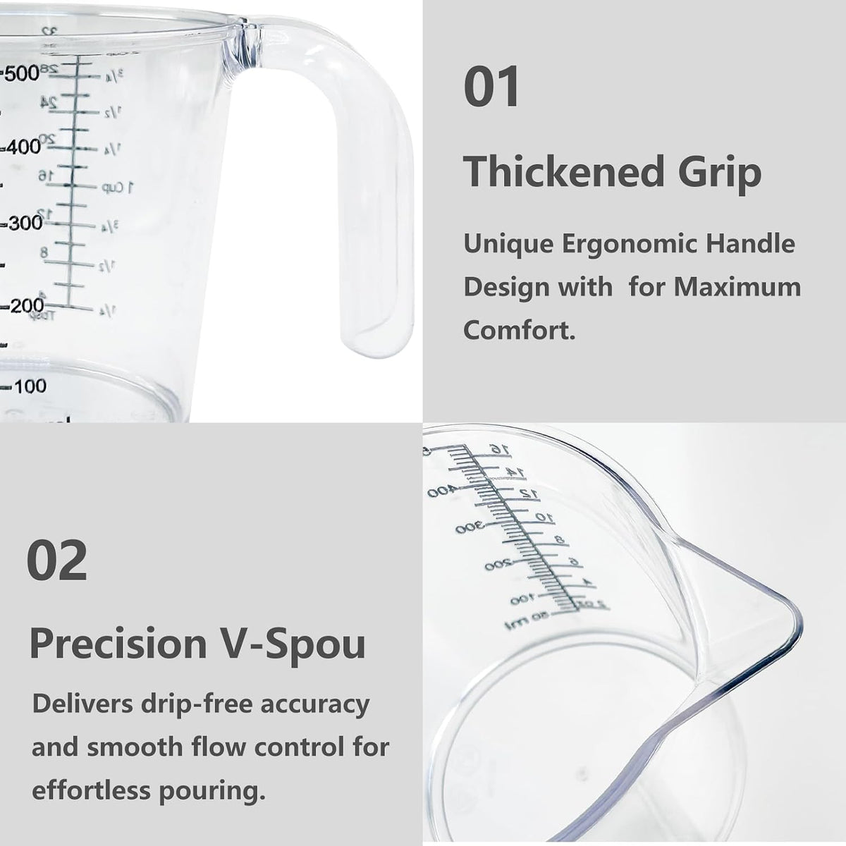 16 oz (2 Cup) Liquid Measuring Cup, Food-Grade Plastic Measuring Cup with Laser-Etched Markings, Clear Single Measuring Cup