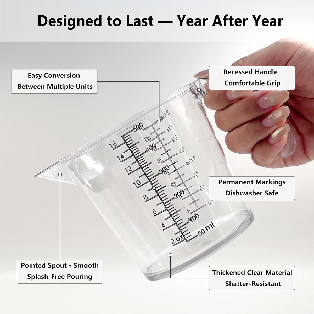 16 oz (2 Cup) Liquid Measuring Cup, Food-Grade Plastic Measuring Cup with Laser-Etched Markings, Clear Single Measuring Cup