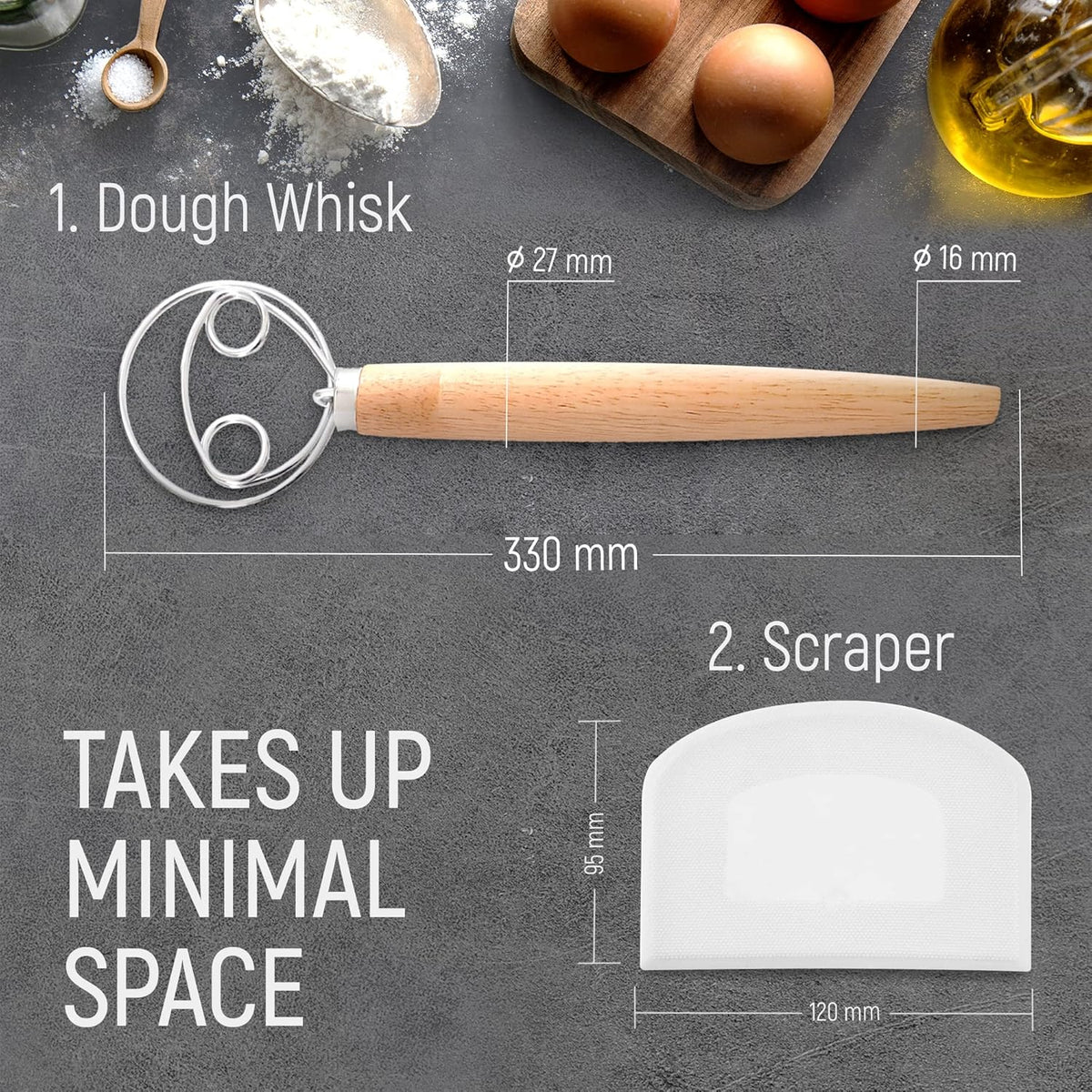 13 Inch Danish Dough Whisk with Dough Scraper, Dutch Bread Whisk with Stainless Steel Dough Hook, Sourdough Whisk for Baking, Bread Whisking Tool
