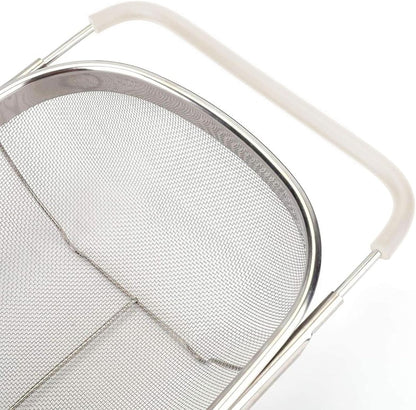 Over The Sink Colander, 6 Quarts Stainless Steel Oval Colander with Expandable Rubber Grip Handle, Fine Mesh Strainer Baskets Kitchen Colanders for Strain, Drain, Rinse Vegetable, Fruits, Beige