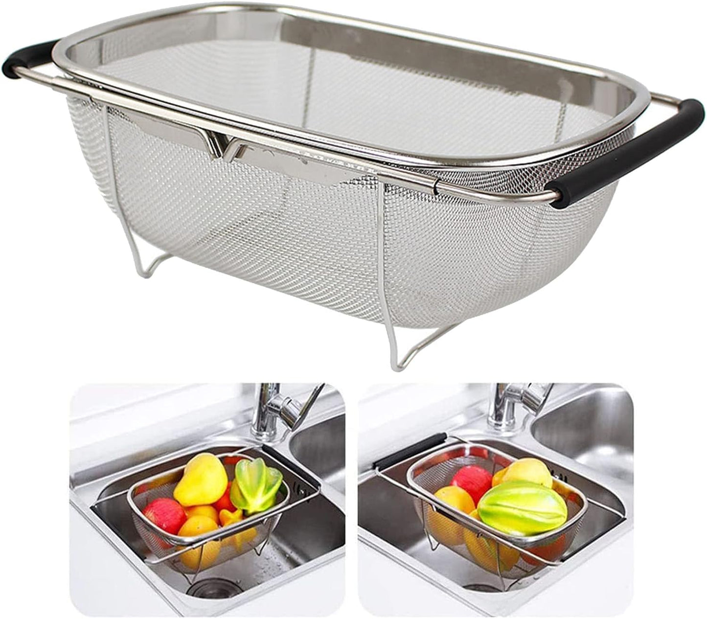 Over The Sink Colander, 6 Quarts Stainless Steel Oval Colander with Expandable Rubber Grip Handle, Fine Mesh Strainer Baskets Kitchen Colanders for Strain, Drain, Rinse Vegetable, Fruits, Beige