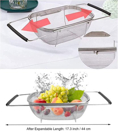Over The Sink Colander, 6 Quarts Stainless Steel Oval Colander with Expandable Rubber Grip Handle, Fine Mesh Strainer Baskets Kitchen Colanders for Strain, Drain, Rinse Vegetable, Fruits, Beige