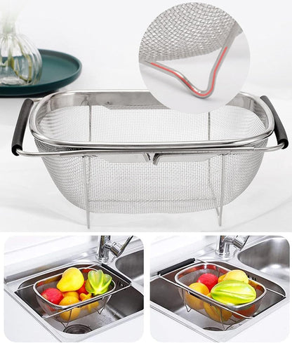 Over The Sink Colander, 6 Quarts Stainless Steel Oval Colander with Expandable Rubber Grip Handle, Fine Mesh Strainer Baskets Kitchen Colanders for Strain, Drain, Rinse Vegetable, Fruits, Beige