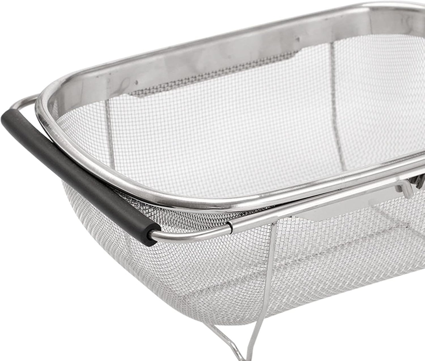Over The Sink Colander, 6 Quarts Stainless Steel Oval Colander with Expandable Rubber Grip Handle, Fine Mesh Strainer Baskets Kitchen Colanders for Strain, Drain, Rinse Vegetable, Fruits, Beige