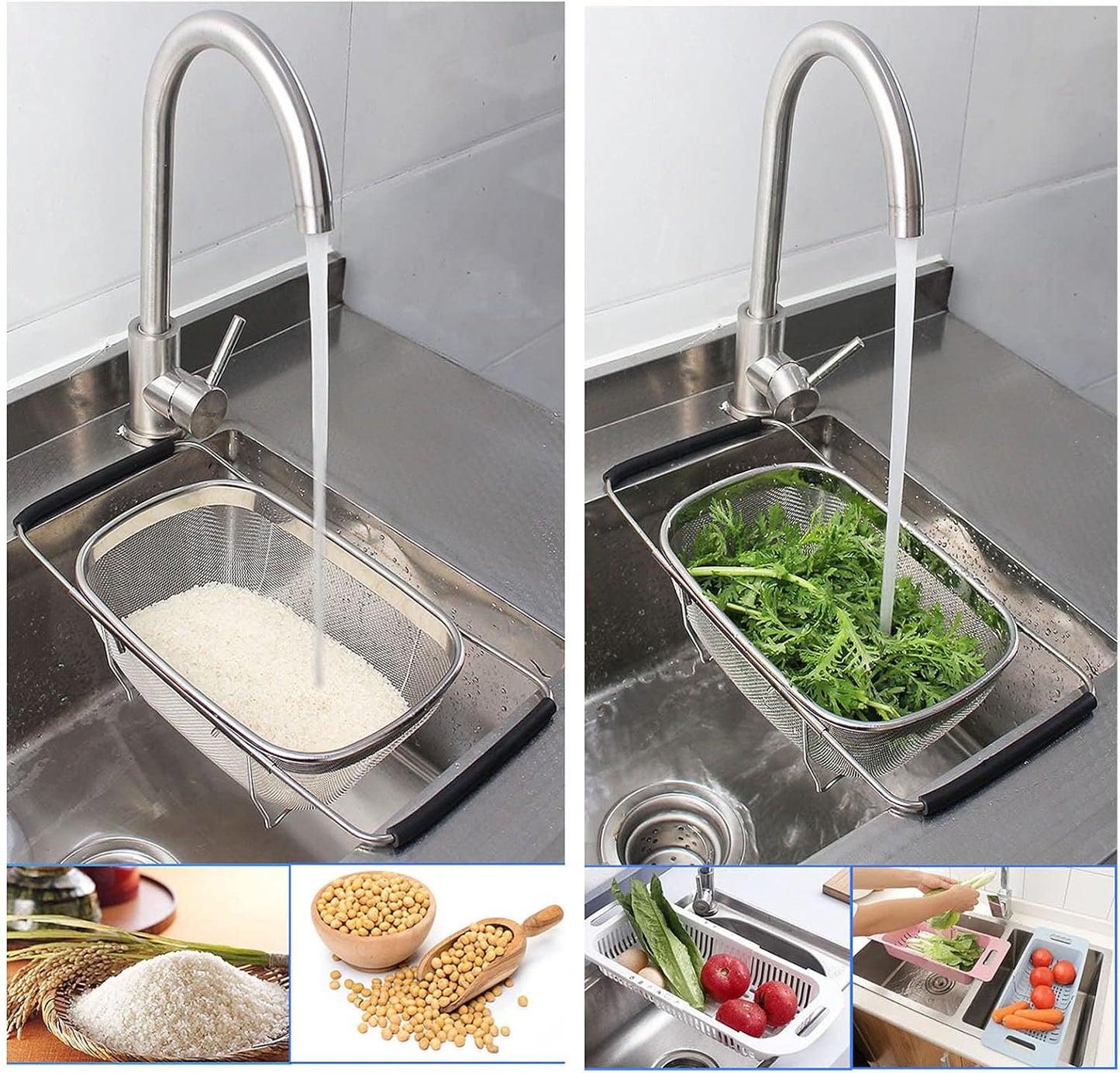 Over The Sink Colander, 6 Quarts Stainless Steel Oval Colander with Expandable Rubber Grip Handle, Fine Mesh Strainer Baskets Kitchen Colanders for Strain, Drain, Rinse Vegetable, Fruits, Beige