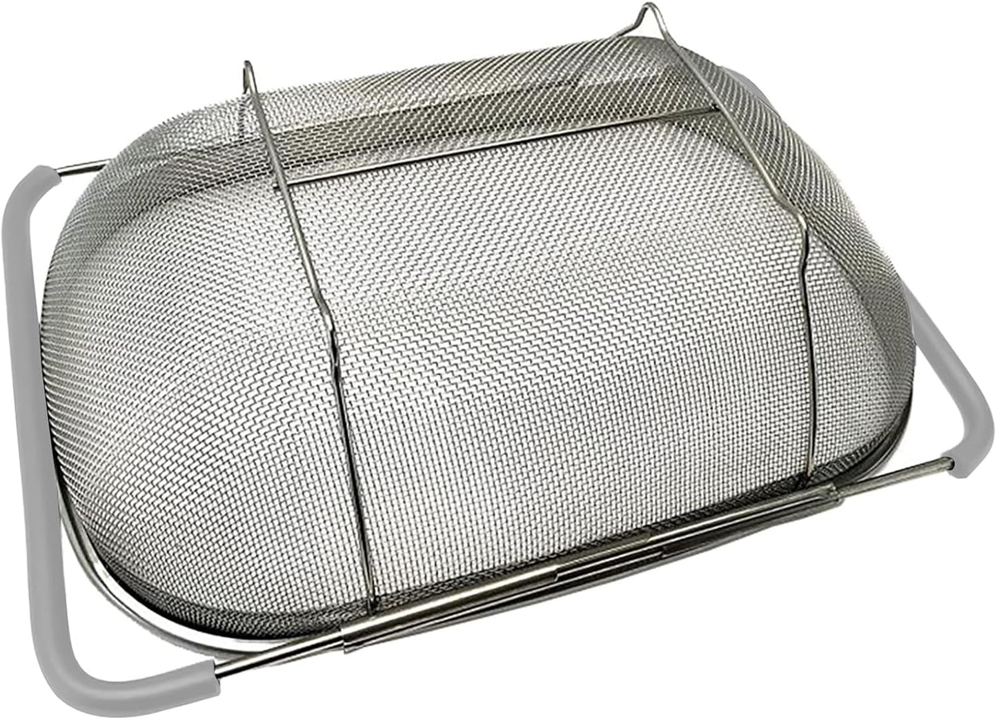 Over The Sink Colander, 6 Quarts Stainless Steel Oval Colander with Expandable Rubber Grip Handle, Fine Mesh Strainer Baskets Kitchen Colanders for Strain, Drain, Rinse Vegetable, Fruits, Beige