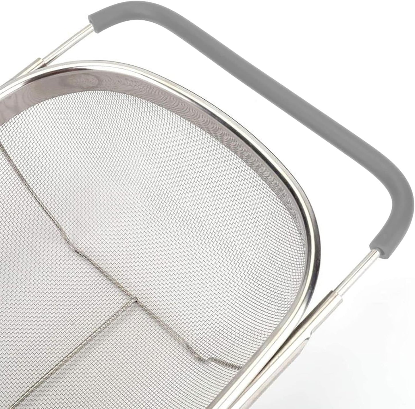 Over The Sink Colander, 6 Quarts Stainless Steel Oval Colander with Expandable Rubber Grip Handle, Fine Mesh Strainer Baskets Kitchen Colanders for Strain, Drain, Rinse Vegetable, Fruits, Beige