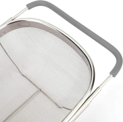 Over The Sink Colander, 6 Quarts Stainless Steel Oval Colander with Expandable Rubber Grip Handle, Fine Mesh Strainer Baskets Kitchen Colanders for Strain, Drain, Rinse Vegetable, Fruits, Beige