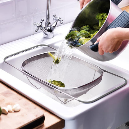 Over The Sink Colander, 6 Quarts Stainless Steel Oval Colander with Expandable Rubber Grip Handle, Fine Mesh Strainer Baskets Kitchen Colanders for Strain, Drain, Rinse Vegetable, Fruits, Beige