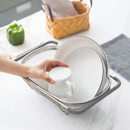 Over The Sink Colander, 6 Quarts Stainless Steel Oval Colander with Expandable Rubber Grip Handle, Fine Mesh Strainer Baskets Kitchen Colanders for Strain, Drain, Rinse Vegetable, Fruits, Beige