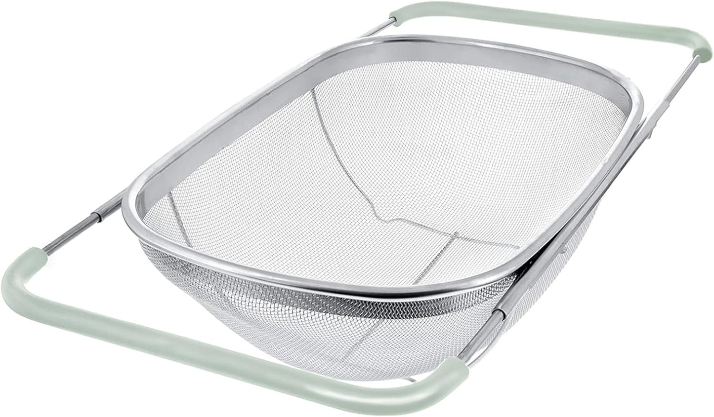 Over The Sink Colander, 6 Quarts Stainless Steel Oval Colander with Expandable Rubber Grip Handle, Fine Mesh Strainer Baskets Kitchen Colanders for Strain, Drain, Rinse Vegetable, Fruits, Beige