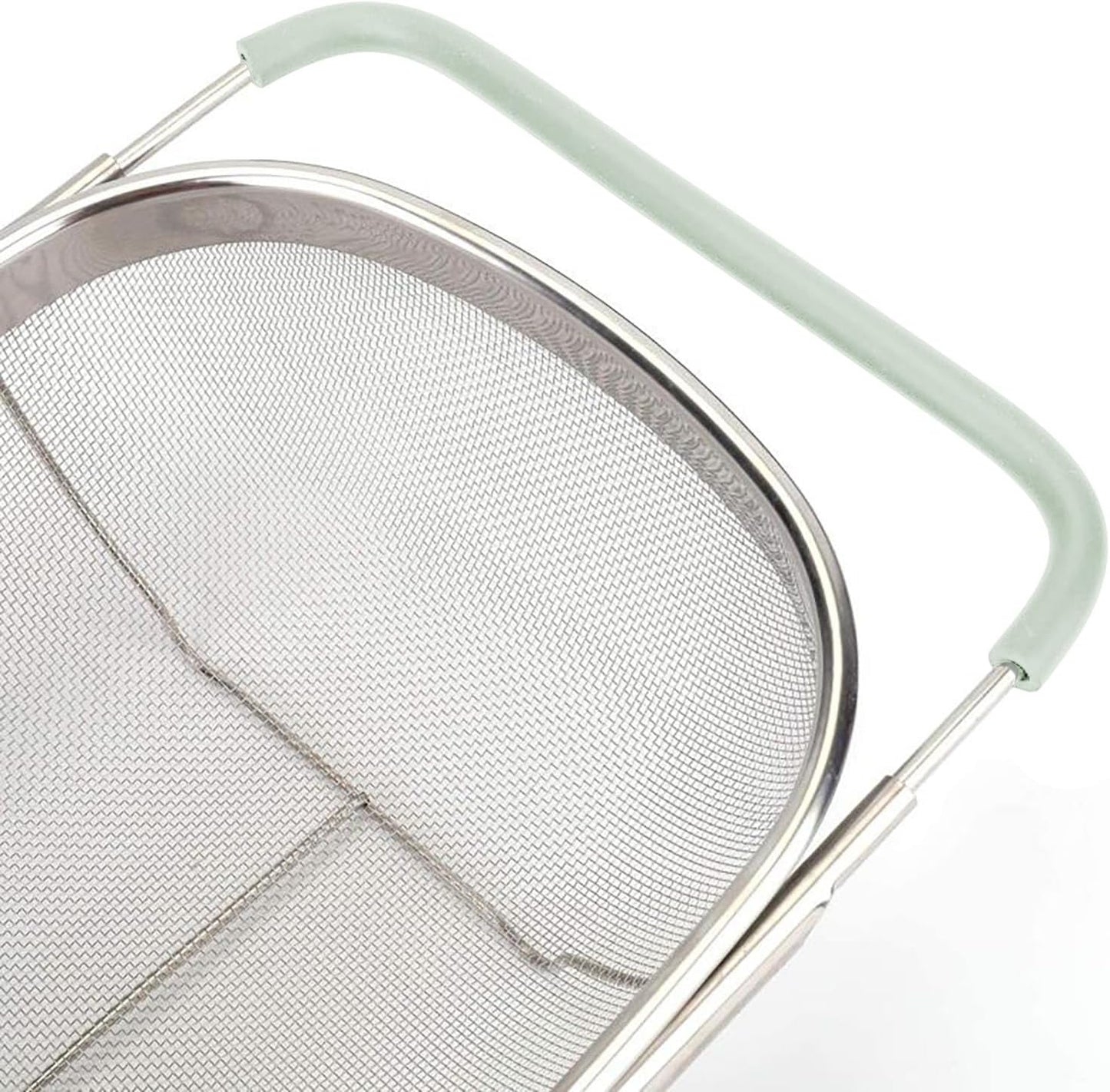 Over The Sink Colander, 6 Quarts Stainless Steel Oval Colander with Expandable Rubber Grip Handle, Fine Mesh Strainer Baskets Kitchen Colanders for Strain, Drain, Rinse Vegetable, Fruits, Beige