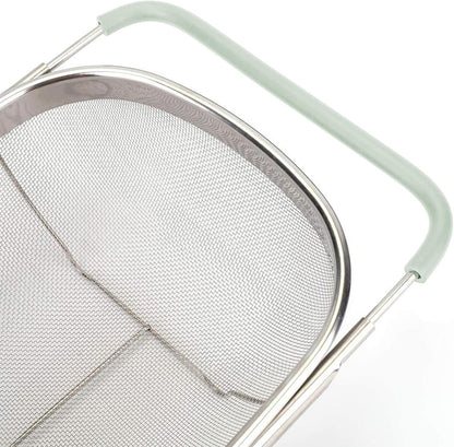 Over The Sink Colander, 6 Quarts Stainless Steel Oval Colander with Expandable Rubber Grip Handle, Fine Mesh Strainer Baskets Kitchen Colanders for Strain, Drain, Rinse Vegetable, Fruits, Beige