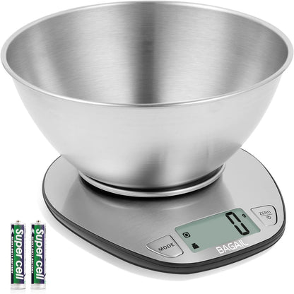 BAGAIL Digital Kitchen Food Scale with Stainless Steel Bowl, 11lb/5kg | 7 Weight Units, Large Clear Display, Gram Scale, For Baking & Cooking, Wet and Dry Ingredients, Batteries Included