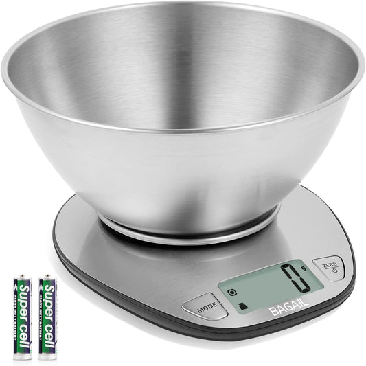 BAGAIL Digital Kitchen Food Scale with Stainless Steel Bowl, 11lb/5kg | 7 Weight Units, Large Clear Display, Gram Scale, For Baking & Cooking, Wet and Dry Ingredients, Batteries Included
