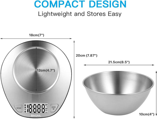 BAGAIL Digital Kitchen Food Scale with Stainless Steel Bowl, 11lb/5kg | 7 Weight Units, Large Clear Display, Gram Scale, For Baking & Cooking, Wet and Dry Ingredients, Batteries Included