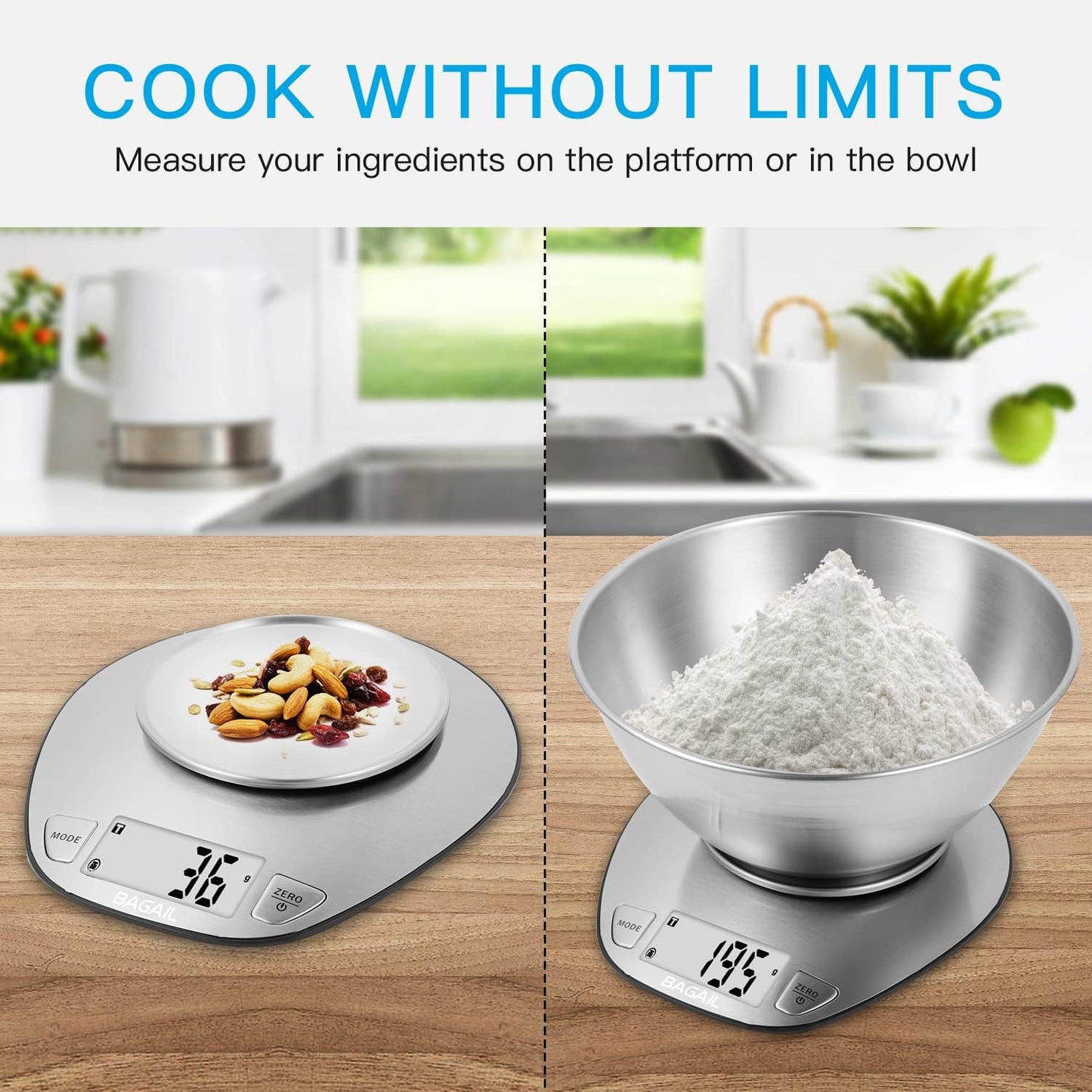 BAGAIL Digital Kitchen Food Scale with Stainless Steel Bowl, 11lb/5kg | 7 Weight Units, Large Clear Display, Gram Scale, For Baking & Cooking, Wet and Dry Ingredients, Batteries Included