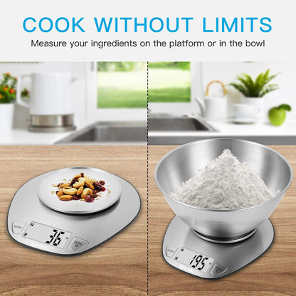 BAGAIL Digital Kitchen Food Scale with Stainless Steel Bowl, 11lb/5kg | 7 Weight Units, Large Clear Display, Gram Scale, For Baking & Cooking, Wet and Dry Ingredients, Batteries Included