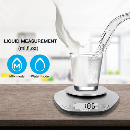 BAGAIL Digital Kitchen Food Scale with Stainless Steel Bowl, 11lb/5kg | 7 Weight Units, Large Clear Display, Gram Scale, For Baking & Cooking, Wet and Dry Ingredients, Batteries Included