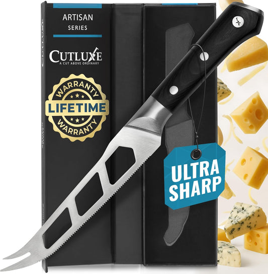 Cheese Knife, 5" Slicer for Soft & Hard Cheese – Serrated Blade | Pronged, Non-Stick High Carbon German Steel, Full Tang Ergonomic Handle – Artisan Series