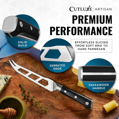 Cheese Knife, 5" Slicer for Soft & Hard Cheese – Serrated Blade | Pronged, Non-Stick High Carbon German Steel, Full Tang Ergonomic Handle – Artisan Series