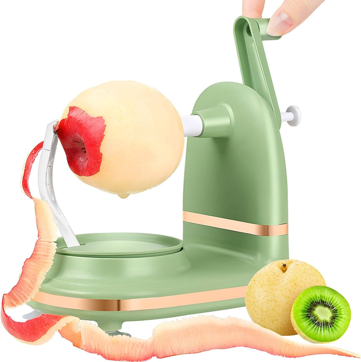 Manual Hand Crank Apple Peeler, Corer and Slicer – Suction Non Slip Counter Grips - Stainless Steel Blades – Peels, Cores and Cuts in Seconds for Home Kitchen Quick Applesauce Pie Making (Light green)
