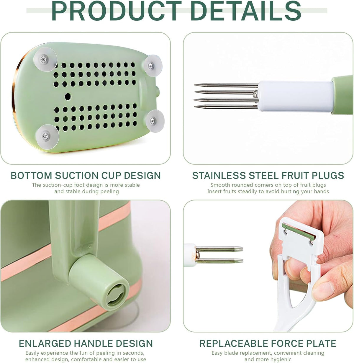 Manual Hand Crank Apple Peeler, Corer and Slicer – Suction Non Slip Counter Grips - Stainless Steel Blades – Peels, Cores and Cuts in Seconds for Home Kitchen Quick Applesauce Pie Making (Light green)