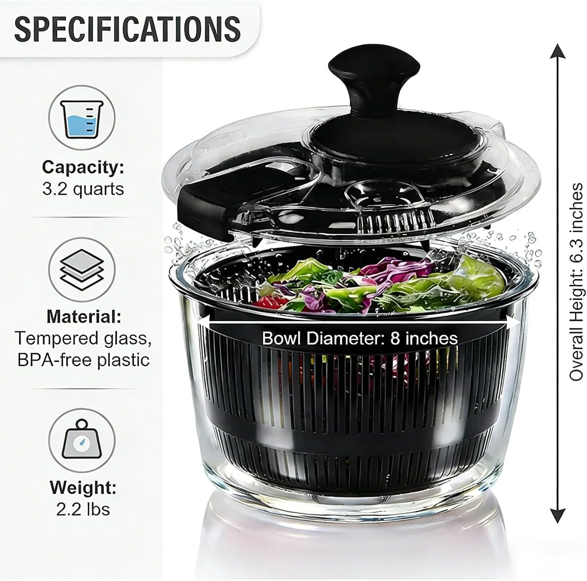 3.2 Qt Glass Salad Spinner, Small Vegetable Dryer with Transparent Lid, Crank Handle Quick Spin Greens Washer for Lettuce, Herbs, Fruits Cleaner, Tosser, Drain, Microwave Safe, Dishwasher Safe