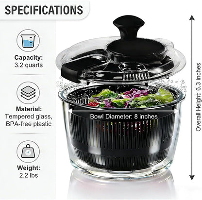 3.2 Qt Glass Salad Spinner, Small Vegetable Dryer with Transparent Lid, Crank Handle Quick Spin Greens Washer for Lettuce, Herbs, Fruits Cleaner, Tosser, Drain, Microwave Safe, Dishwasher Safe