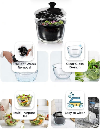 3.2 Qt Glass Salad Spinner, Small Vegetable Dryer with Transparent Lid, Crank Handle Quick Spin Greens Washer for Lettuce, Herbs, Fruits Cleaner, Tosser, Drain, Microwave Safe, Dishwasher Safe