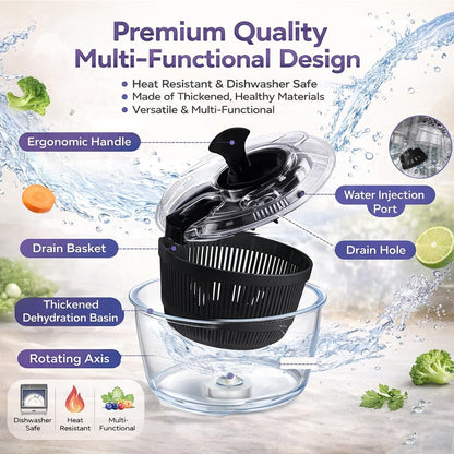 3.2 Qt Glass Salad Spinner, Small Vegetable Dryer with Transparent Lid, Crank Handle Quick Spin Greens Washer for Lettuce, Herbs, Fruits Cleaner, Tosser, Drain, Microwave Safe, Dishwasher Safe