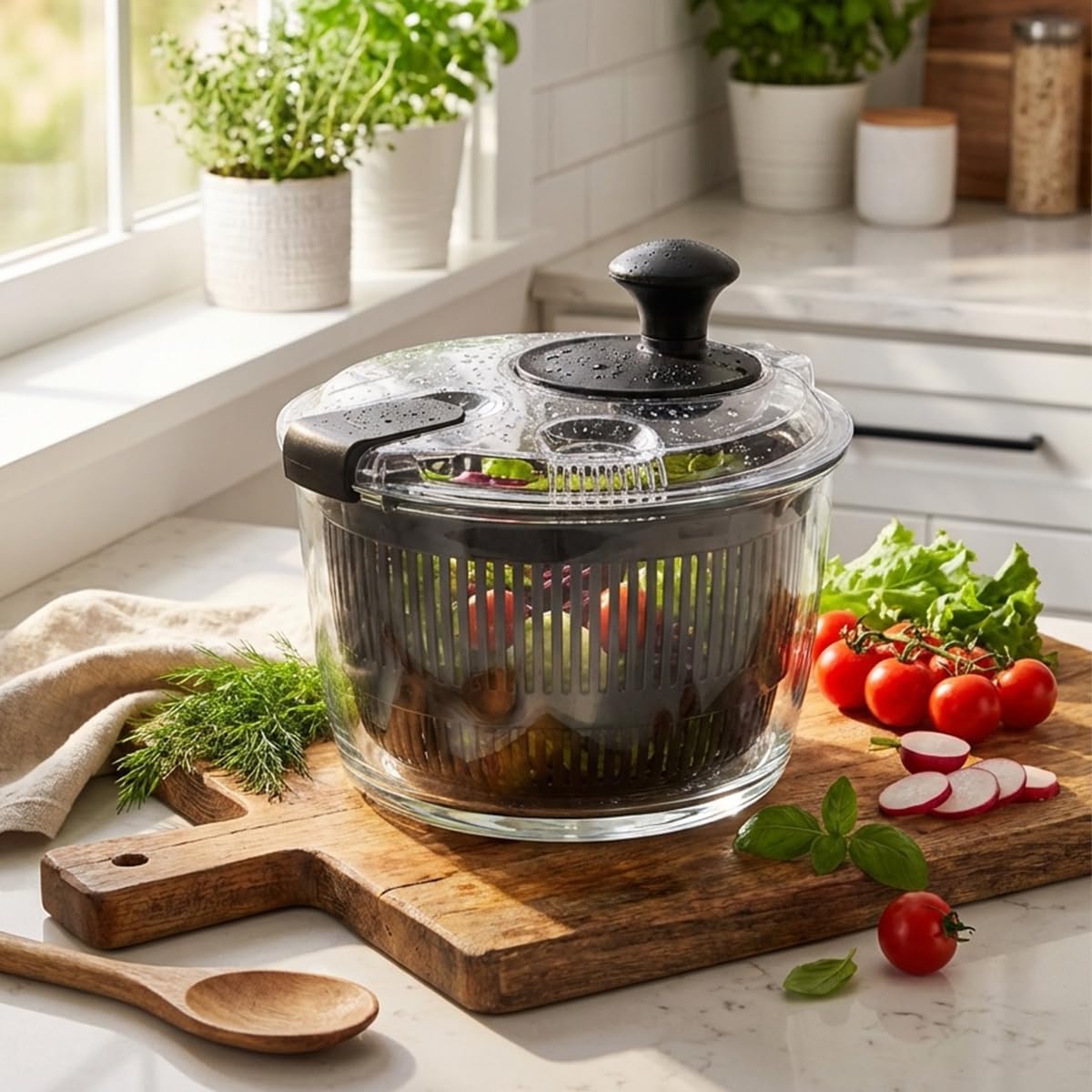 3.2 Qt Glass Salad Spinner, Small Vegetable Dryer with Transparent Lid, Crank Handle Quick Spin Greens Washer for Lettuce, Herbs, Fruits Cleaner, Tosser, Drain, Microwave Safe, Dishwasher Safe