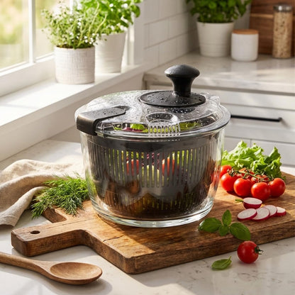 3.2 Qt Glass Salad Spinner, Small Vegetable Dryer with Transparent Lid, Crank Handle Quick Spin Greens Washer for Lettuce, Herbs, Fruits Cleaner, Tosser, Drain, Microwave Safe, Dishwasher Safe