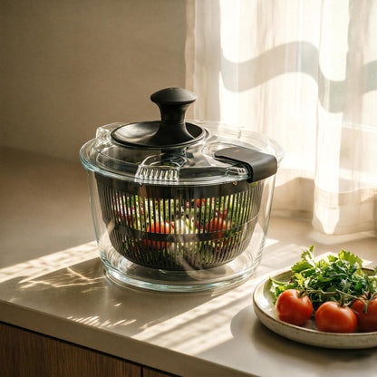 3.2 Qt Glass Salad Spinner, Small Vegetable Dryer with Transparent Lid, Crank Handle Quick Spin Greens Washer for Lettuce, Herbs, Fruits Cleaner, Tosser, Drain, Microwave Safe, Dishwasher Safe