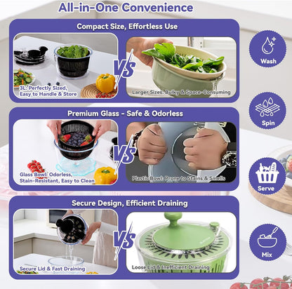 3.2 Qt Glass Salad Spinner, Small Vegetable Dryer with Transparent Lid, Crank Handle Quick Spin Greens Washer for Lettuce, Herbs, Fruits Cleaner, Tosser, Drain, Microwave Safe, Dishwasher Safe