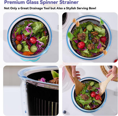 3.2 Qt Glass Salad Spinner, Small Vegetable Dryer with Transparent Lid, Crank Handle Quick Spin Greens Washer for Lettuce, Herbs, Fruits Cleaner, Tosser, Drain, Microwave Safe, Dishwasher Safe