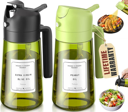 2 in 1 Oil Sprayer and Oil Dispenser for Kitchen - 16oz/470ml Light-Blocking Dark Glass Olive Oil Spray Bottle for Cooking, Air Fryer, Salad & BBQ (Black&Green)