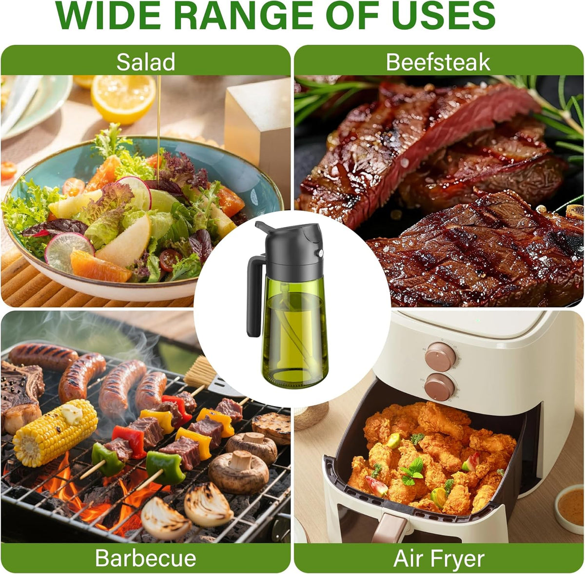 2 in 1 Oil Sprayer and Oil Dispenser for Kitchen - 16oz/470ml Light-Blocking Dark Glass Olive Oil Spray Bottle for Cooking, Air Fryer, Salad & BBQ (Black&Green)