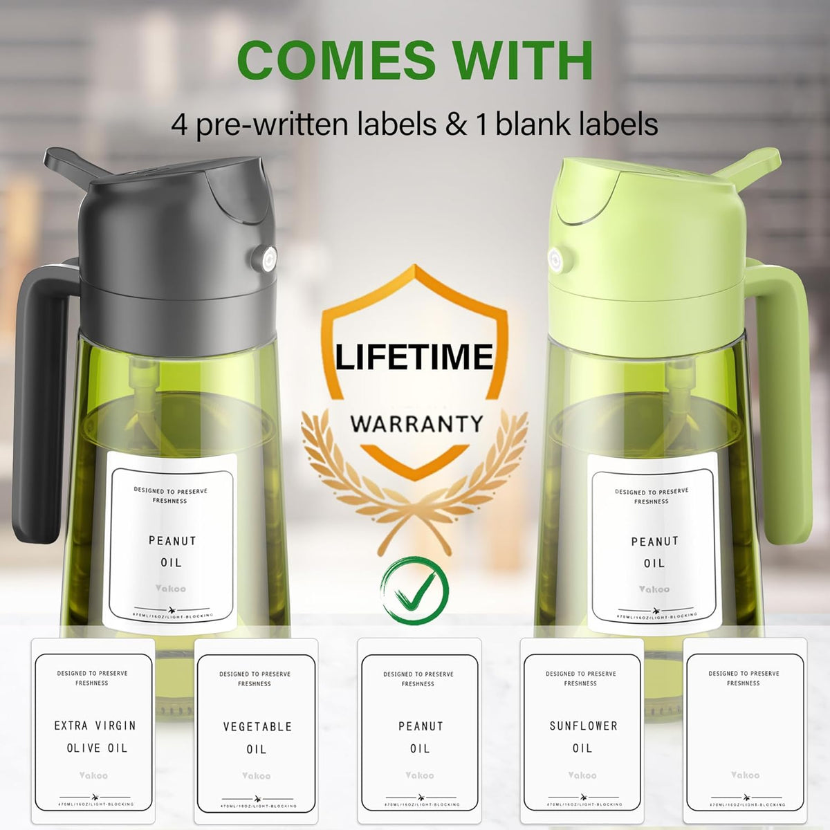 2 in 1 Oil Sprayer and Oil Dispenser for Kitchen - 16oz/470ml Light-Blocking Dark Glass Olive Oil Spray Bottle for Cooking, Air Fryer, Salad & BBQ (Black&Green)