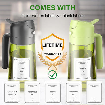 2 in 1 Oil Sprayer and Oil Dispenser for Kitchen - 16oz/470ml Light-Blocking Dark Glass Olive Oil Spray Bottle for Cooking, Air Fryer, Salad & BBQ (Black&Green)