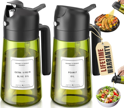 2 in 1 Oil Sprayer and Oil Dispenser for Kitchen - 16oz/470ml Light-Blocking Dark Glass Olive Oil Spray Bottle for Cooking, Air Fryer, Salad & BBQ (Black&Green)