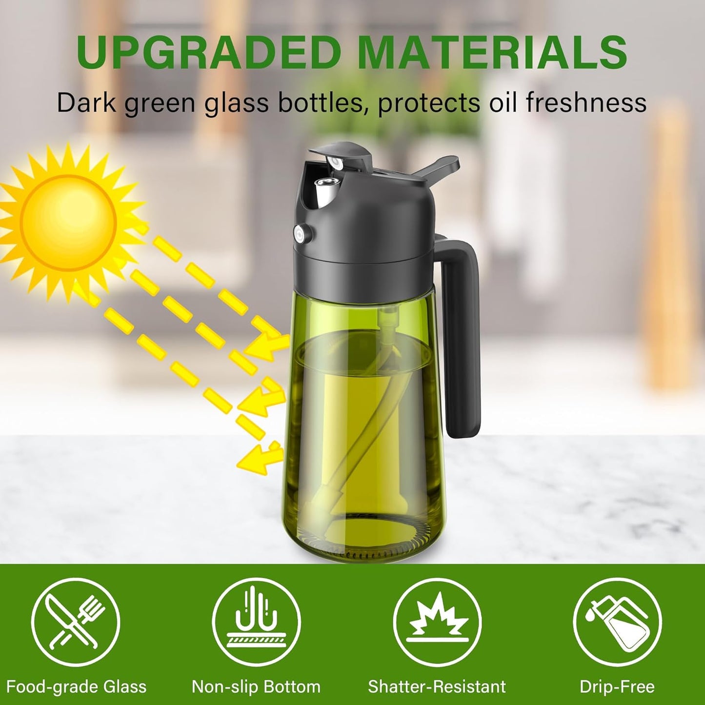 2 in 1 Oil Sprayer and Oil Dispenser for Kitchen - 16oz/470ml Light-Blocking Dark Glass Olive Oil Spray Bottle for Cooking, Air Fryer, Salad & BBQ (Black&Green)