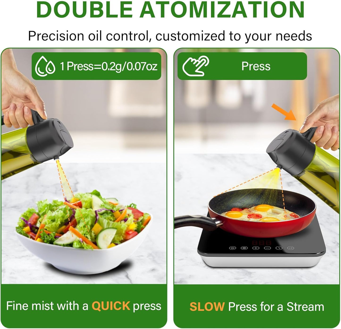 2 in 1 Oil Sprayer and Oil Dispenser for Kitchen - 16oz/470ml Light-Blocking Dark Glass Olive Oil Spray Bottle for Cooking, Air Fryer, Salad & BBQ (Black&Green)