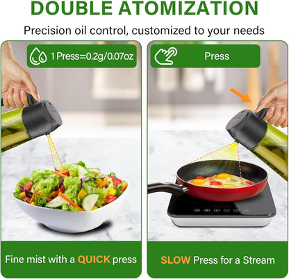 2 in 1 Oil Sprayer and Oil Dispenser for Kitchen - 16oz/470ml Light-Blocking Dark Glass Olive Oil Spray Bottle for Cooking, Air Fryer, Salad & BBQ (Black&Green)