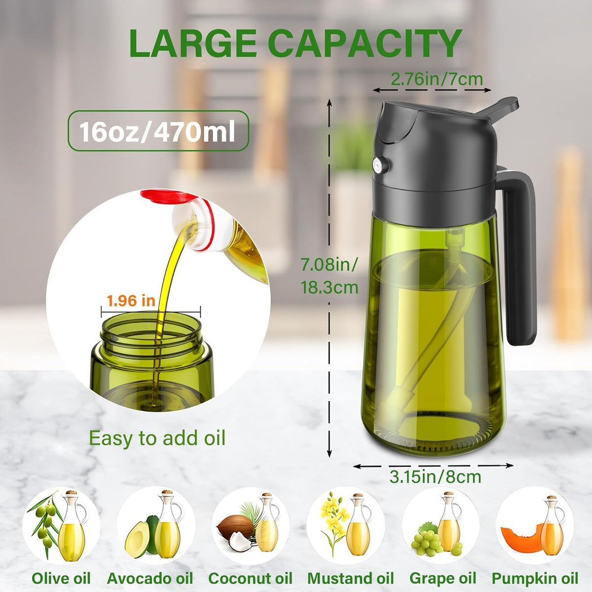 2 in 1 Oil Sprayer and Oil Dispenser for Kitchen - 16oz/470ml Light-Blocking Dark Glass Olive Oil Spray Bottle for Cooking, Air Fryer, Salad & BBQ (Black&Green)