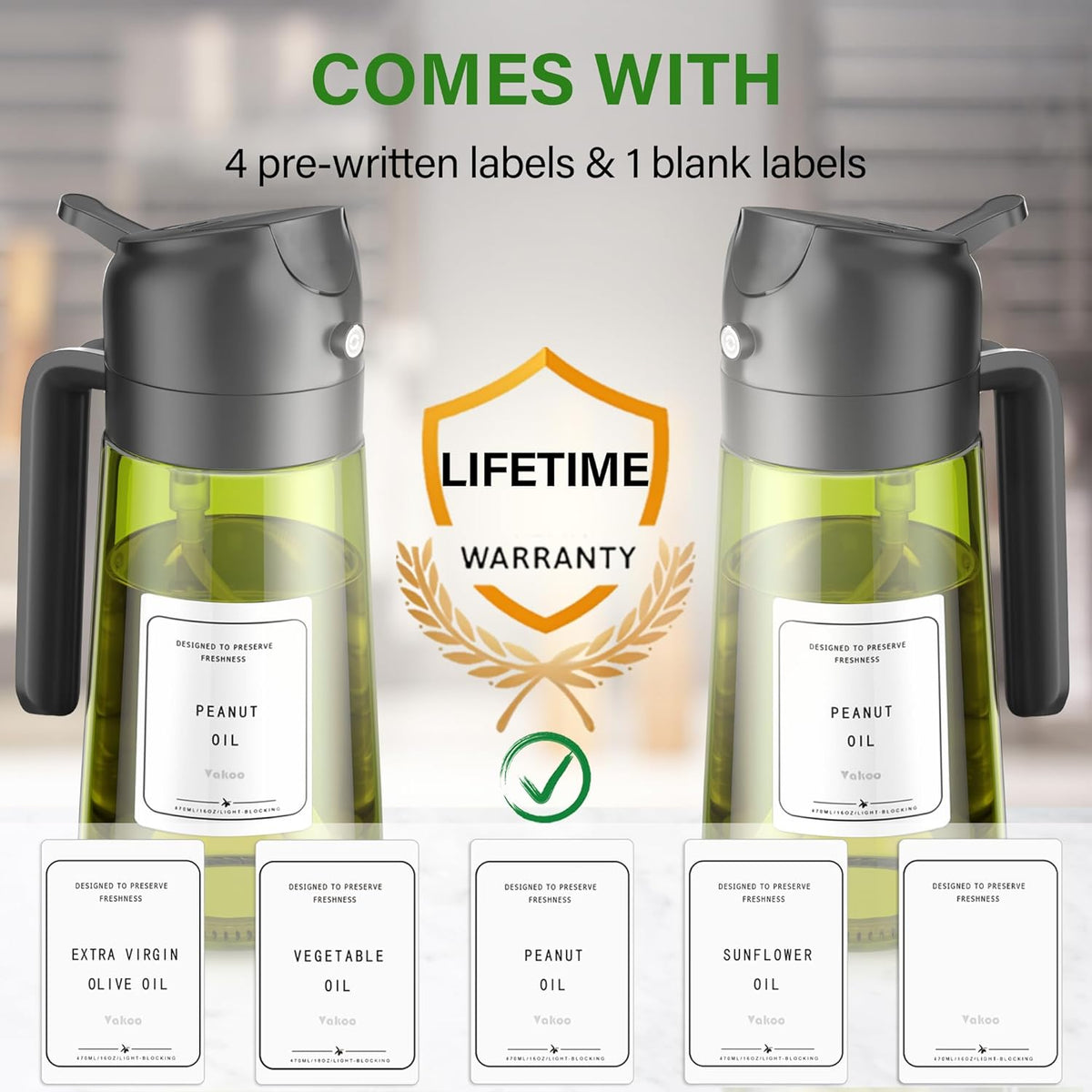 2 in 1 Oil Sprayer and Oil Dispenser for Kitchen - 16oz/470ml Light-Blocking Dark Glass Olive Oil Spray Bottle for Cooking, Air Fryer, Salad & BBQ (Black&Green)
