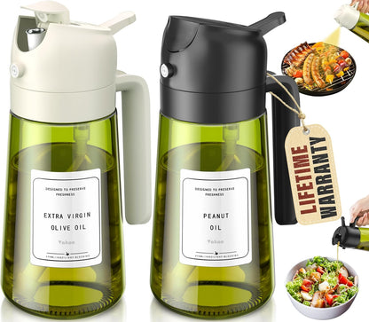 2 in 1 Oil Sprayer and Oil Dispenser for Kitchen - 16oz/470ml Light-Blocking Dark Glass Olive Oil Spray Bottle for Cooking, Air Fryer, Salad & BBQ (Black&Green)