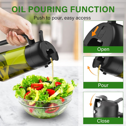 2 in 1 Oil Sprayer and Oil Dispenser for Kitchen - 16oz/470ml Light-Blocking Dark Glass Olive Oil Spray Bottle for Cooking, Air Fryer, Salad & BBQ (Black&Green)